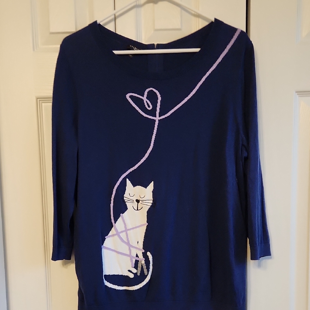 Talbots Navy Cat And Yarn Heart Lightweight Crewneck Sweater 1X
